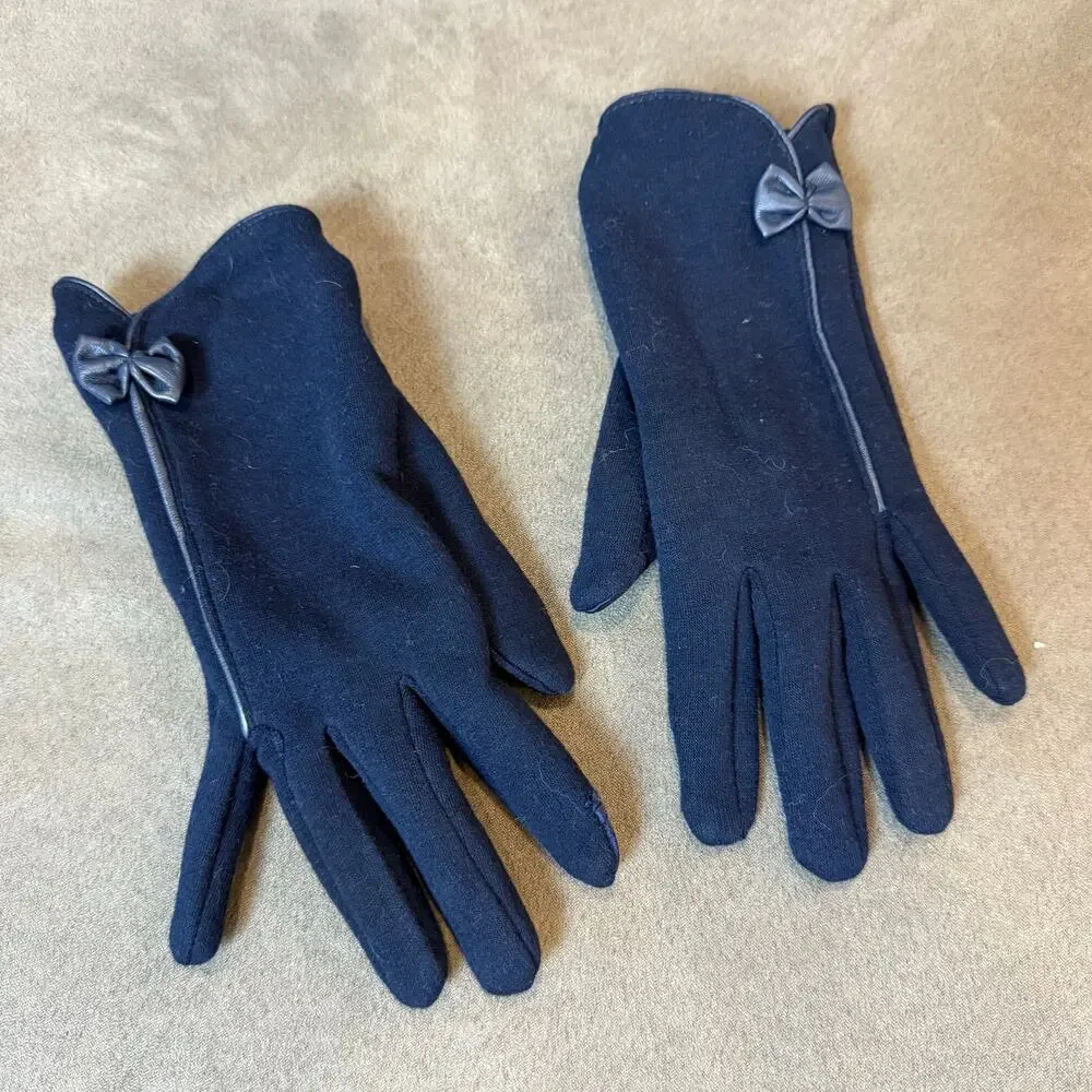 Navy Blue Gloves Bow Detail Satin Tech Touch Finger Thumb Plush Lined